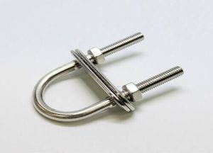Stainless steel U-bolt with nuts and washers for pipe and structural fastening.